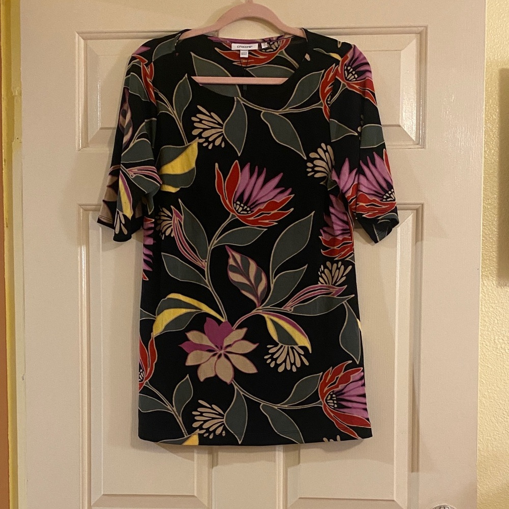 NWT Chico's Black Multicolor Floral Blouse, Size L